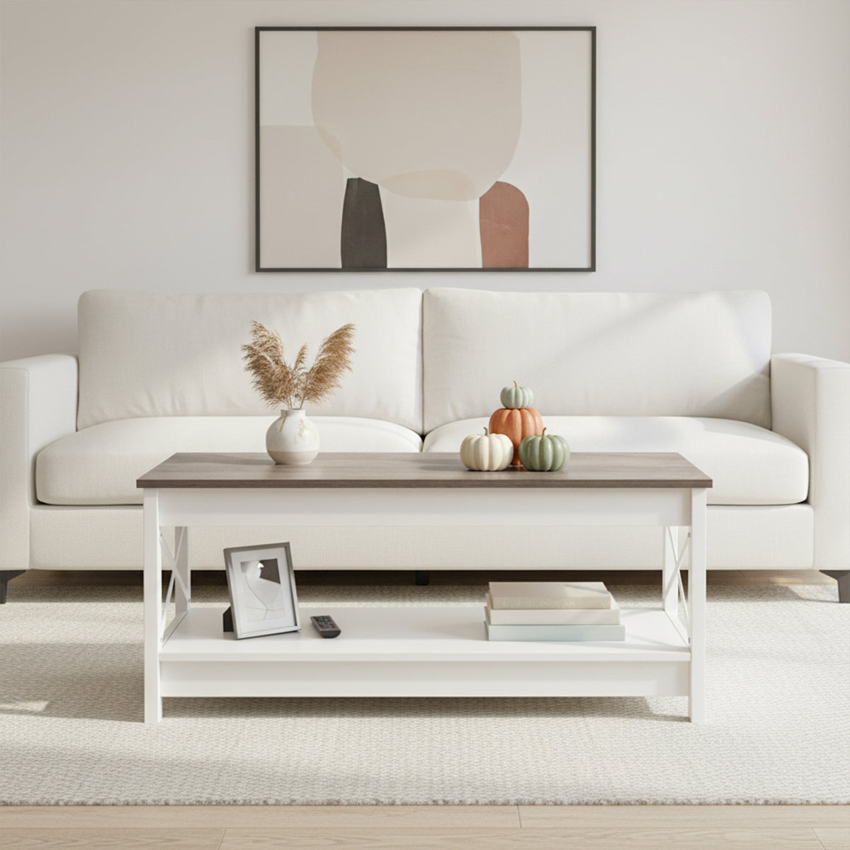 Zweistöckiger Couchtisch im Landhausstil mit Stauraum, Wohnzimmertisch – Weiß