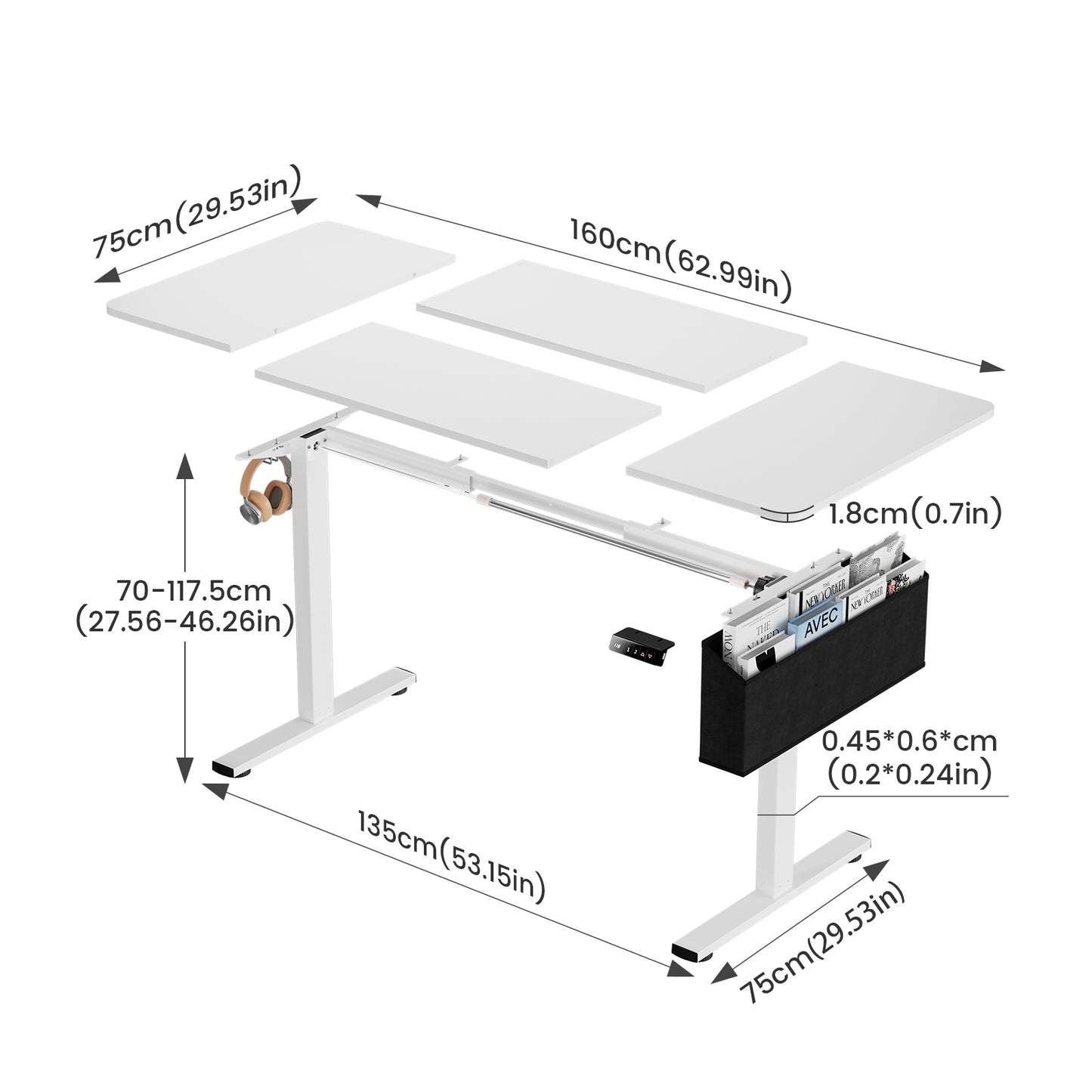 Elektrisch höhenverstellbarer Schreibtisch 160 x 75 cm, weiß-DUMONT