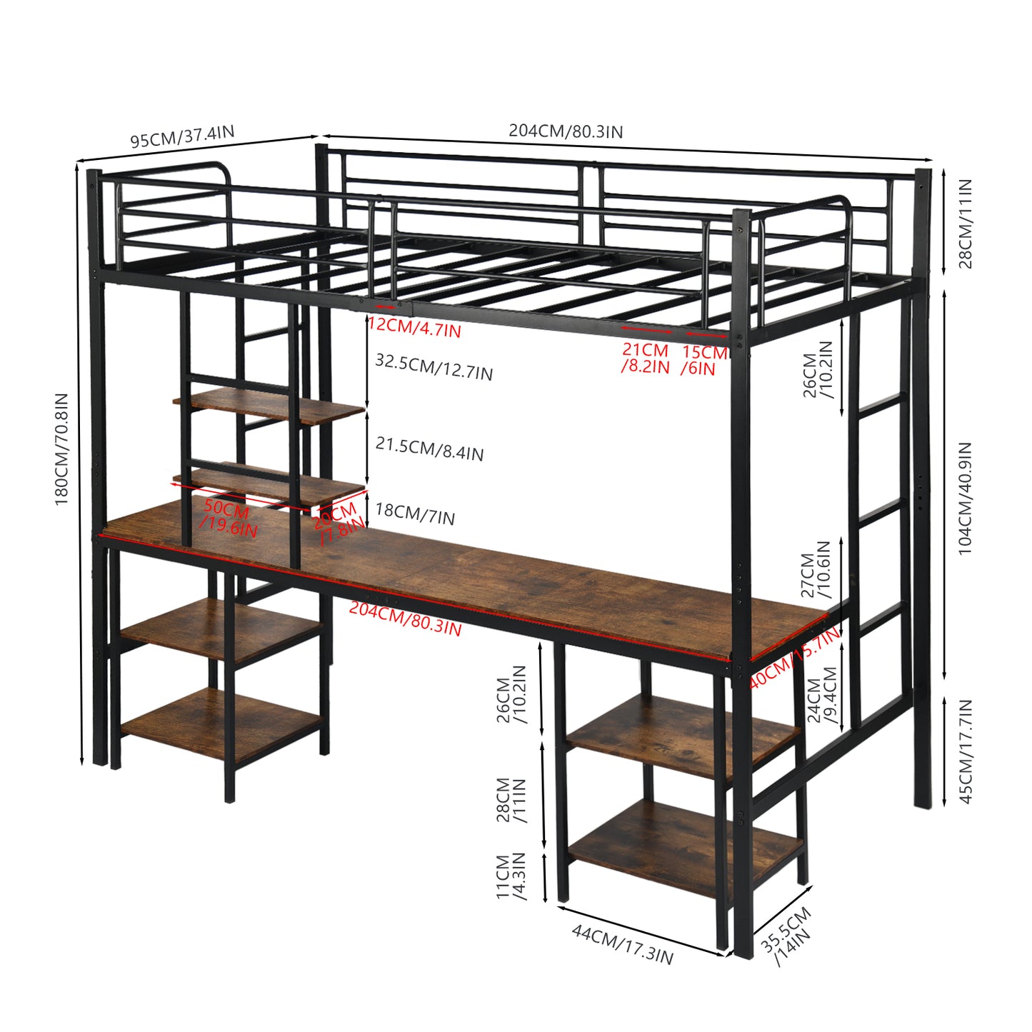 Etagenbett mit Schreibtisch und Bücherregal – Schwarz – ESOFEA