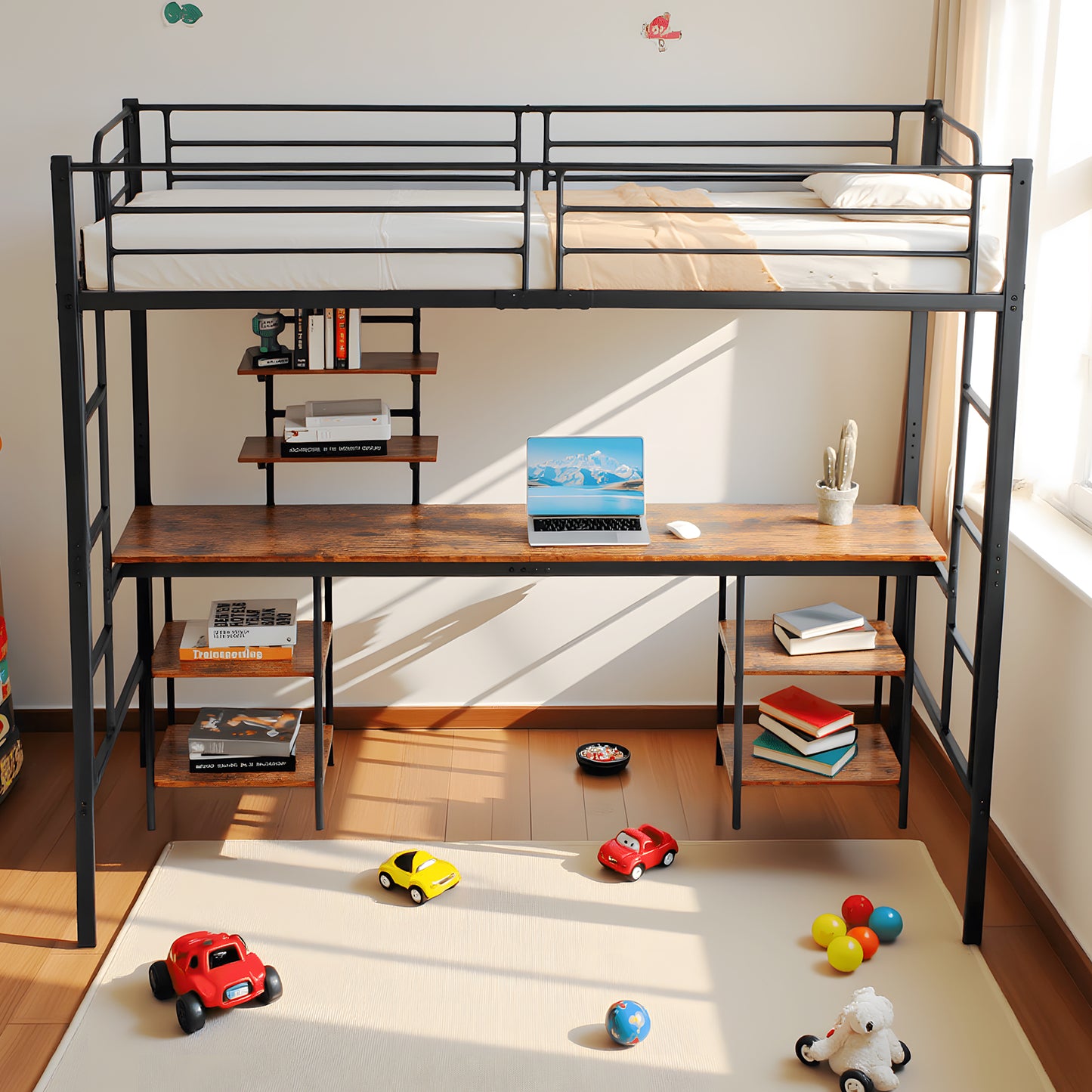 Etagenbett mit Schreibtisch und Bücherregal – Schwarz – ESOFEA