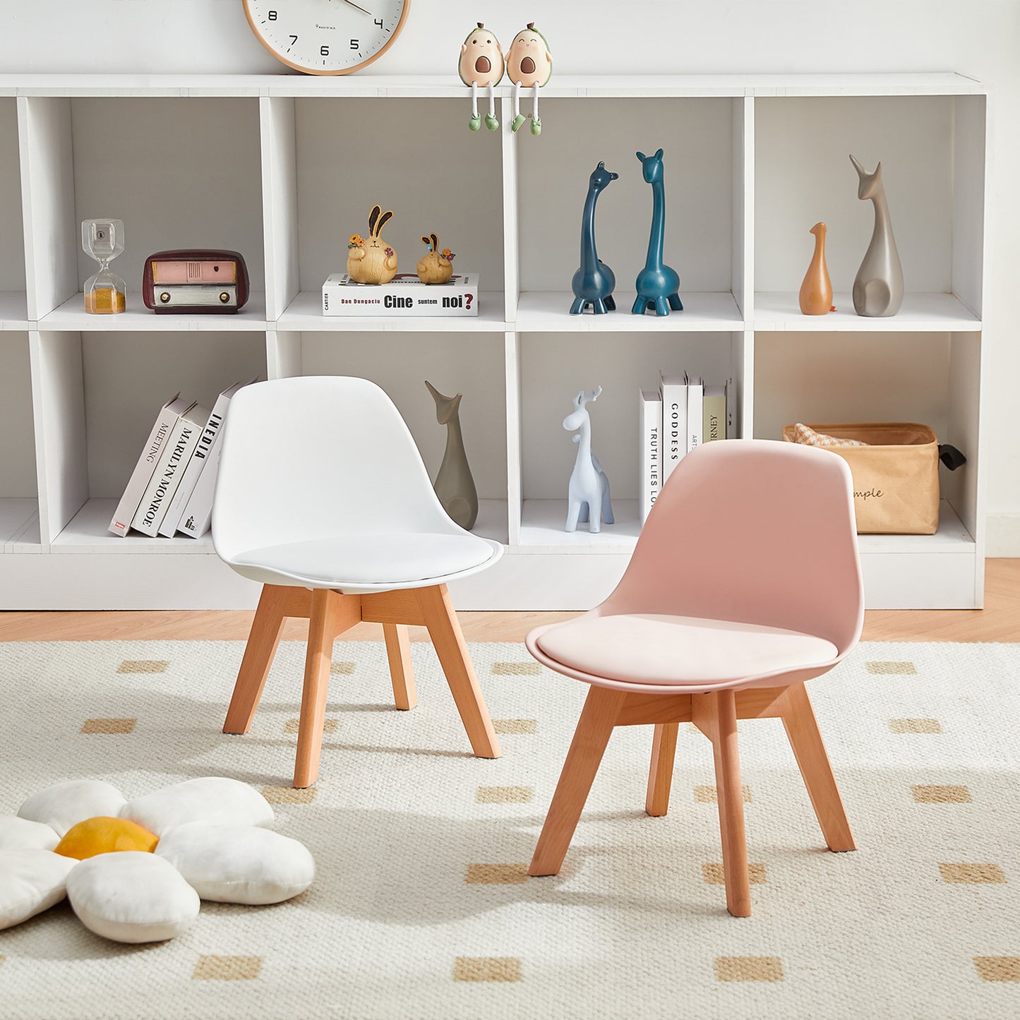 GRAND Kinder-Esszimmerstuhl mit Beinen aus Buche, 2er-Set – Rosa/Weiß
