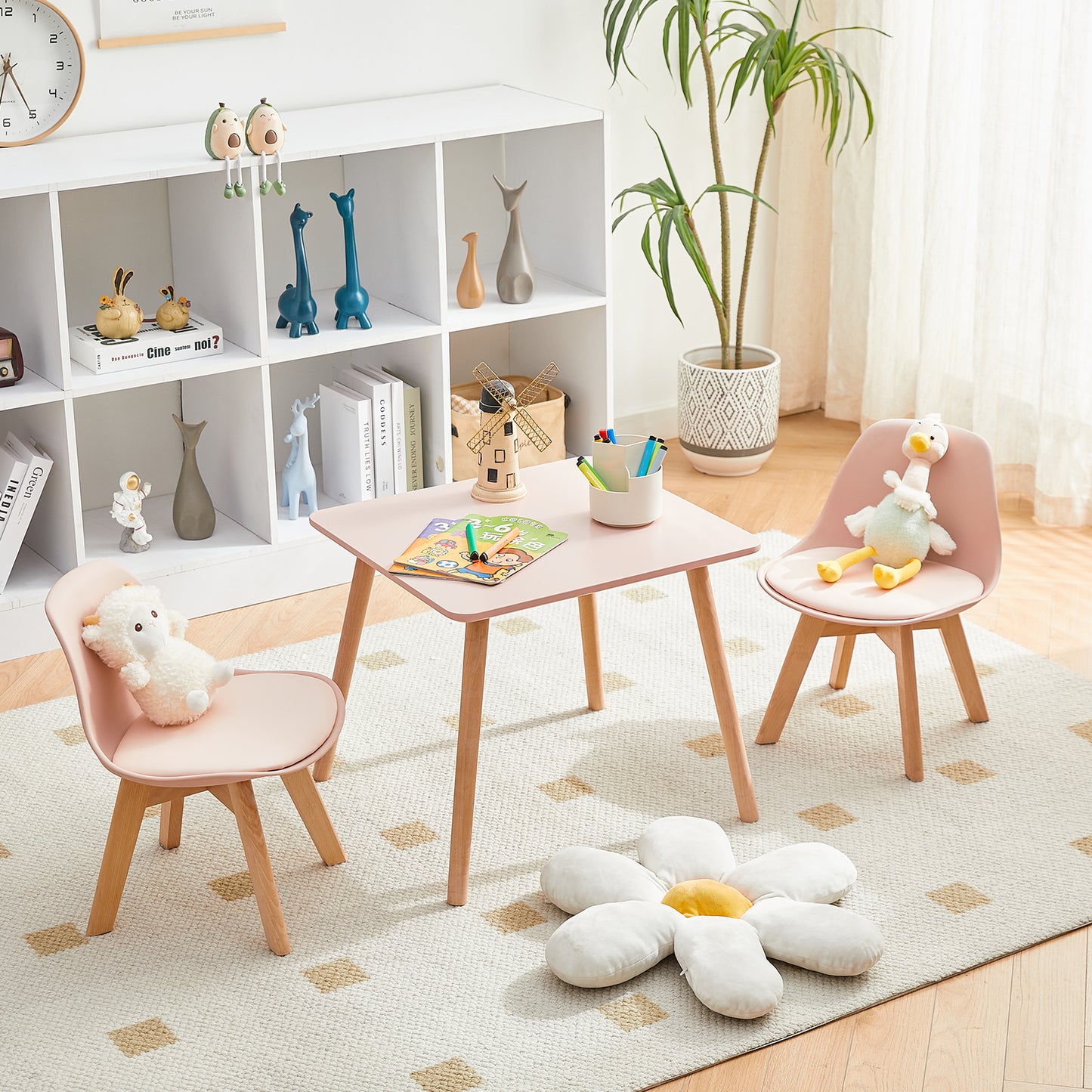 GRAND Kinder-Esszimmerstuhl mit Beinen aus Buche, 2er-Set – Rosa/Weiß