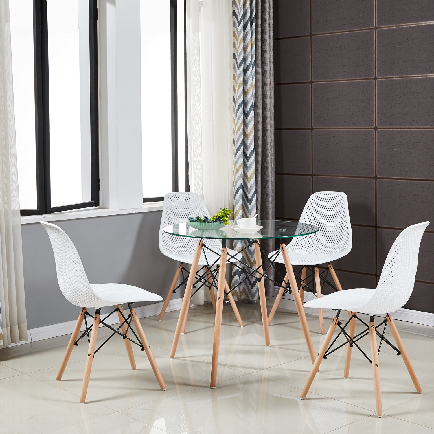 Runder Esstisch aus Glas/MDF mit Buchenbeinen 80 cm