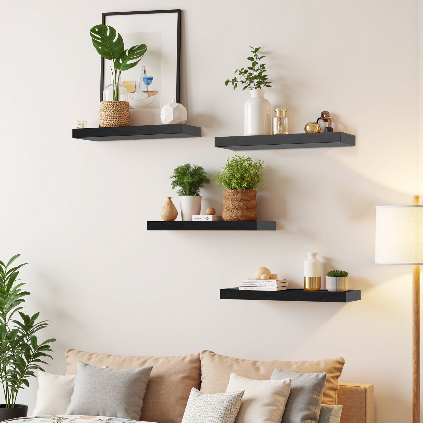Schwebende Regale zur Wandmontage, 4er-Set, Wandregale für Schlafzimmer, Wohnzimmer, Küche – Schwarz/Weiß/Feuerfarbe