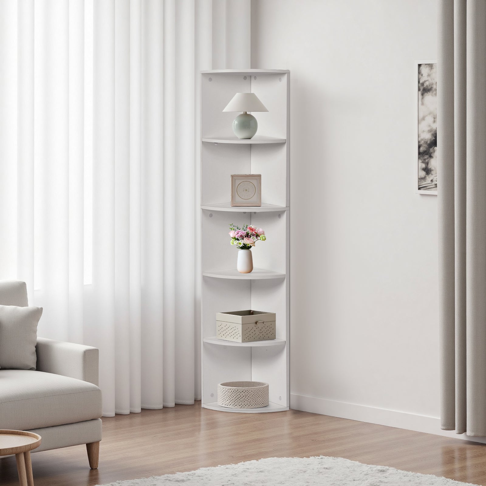 5-stöckiges weißes Eckregal, Fächerdesign, modernes kleines Bücherrega –