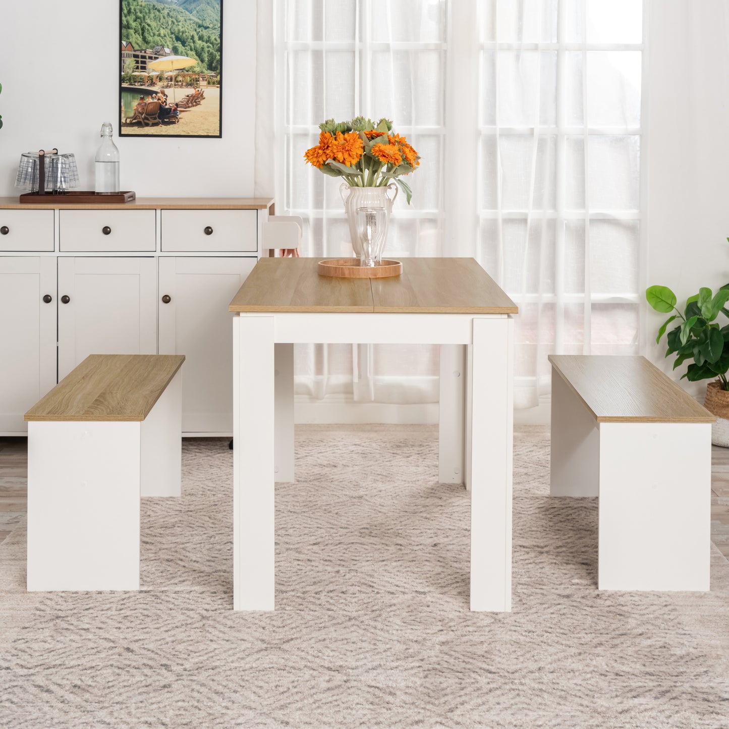 Esszimmerbank lang mit 90cm Sitzfläche, 2er Set - Eiche/Weiß/Schwarz - HYBLA