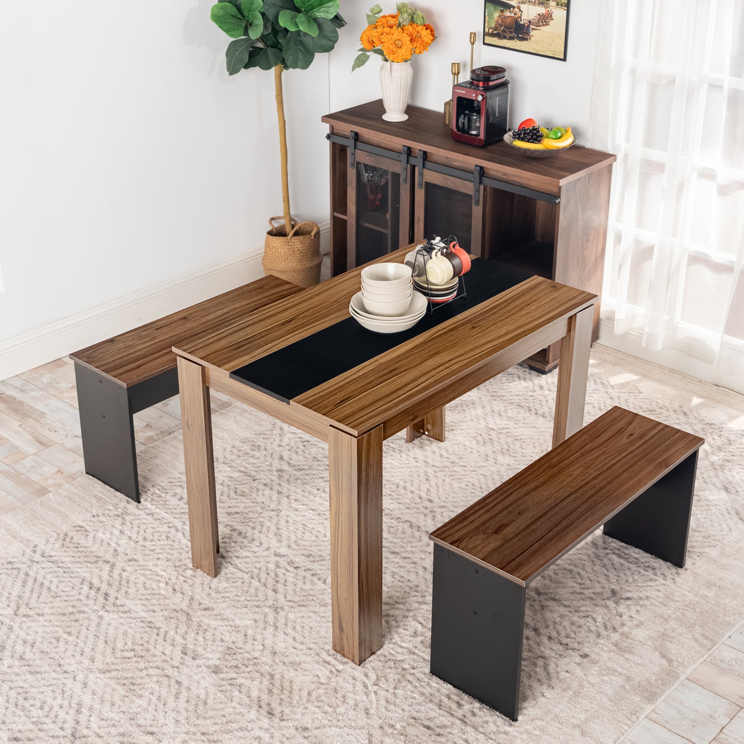 Esszimmerbank lang mit 90cm Sitzfläche, 2er Set - Eiche/Weiß/Schwarz - HYBLA