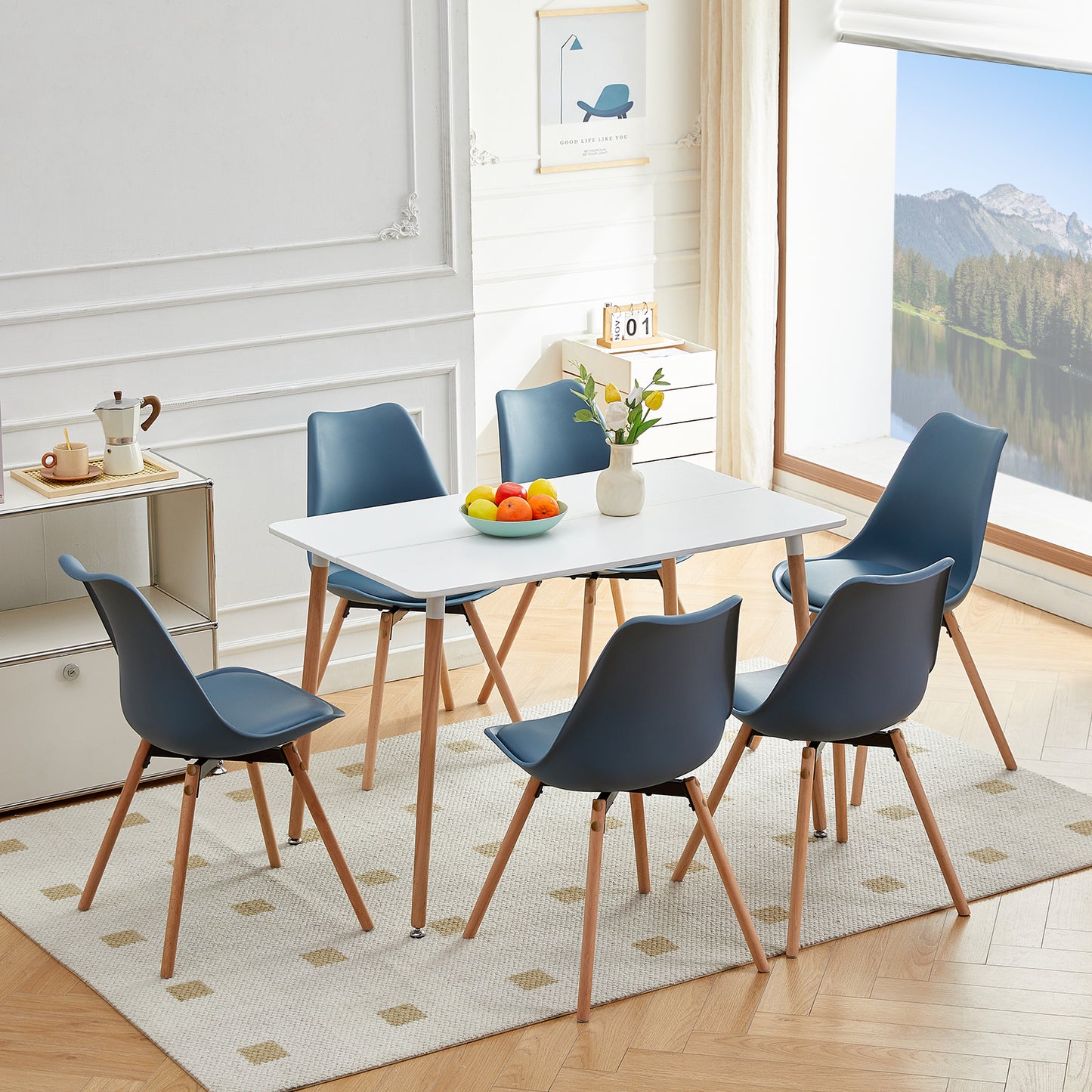OATS Set mit 4 Seitenstühlen – Hellgrau Blau / Dunkelgrau Blau/Eiscreme grün