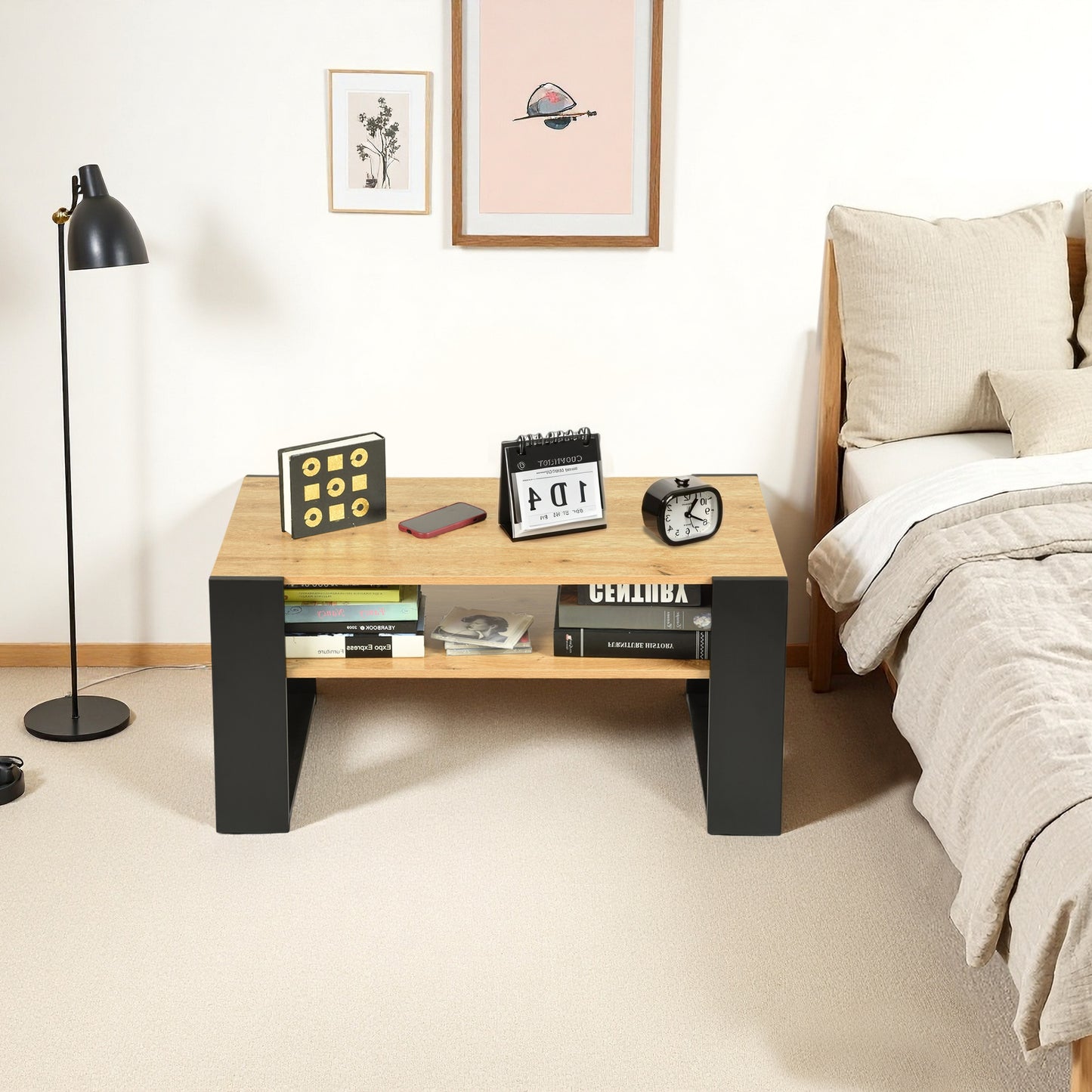 Couchtisch mit Regalen, Goldene Eiche - OWENS