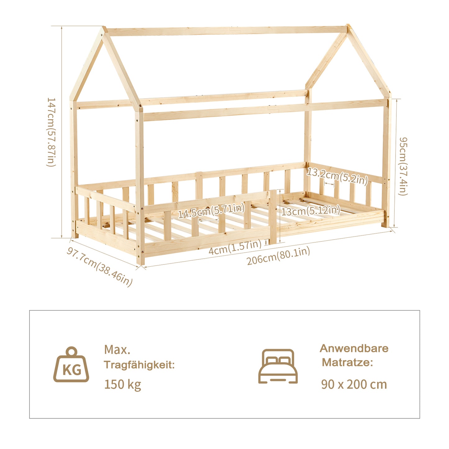 Kinderbett Hausbett Kinder-Einzelbett Holz/Weiß – PINEY