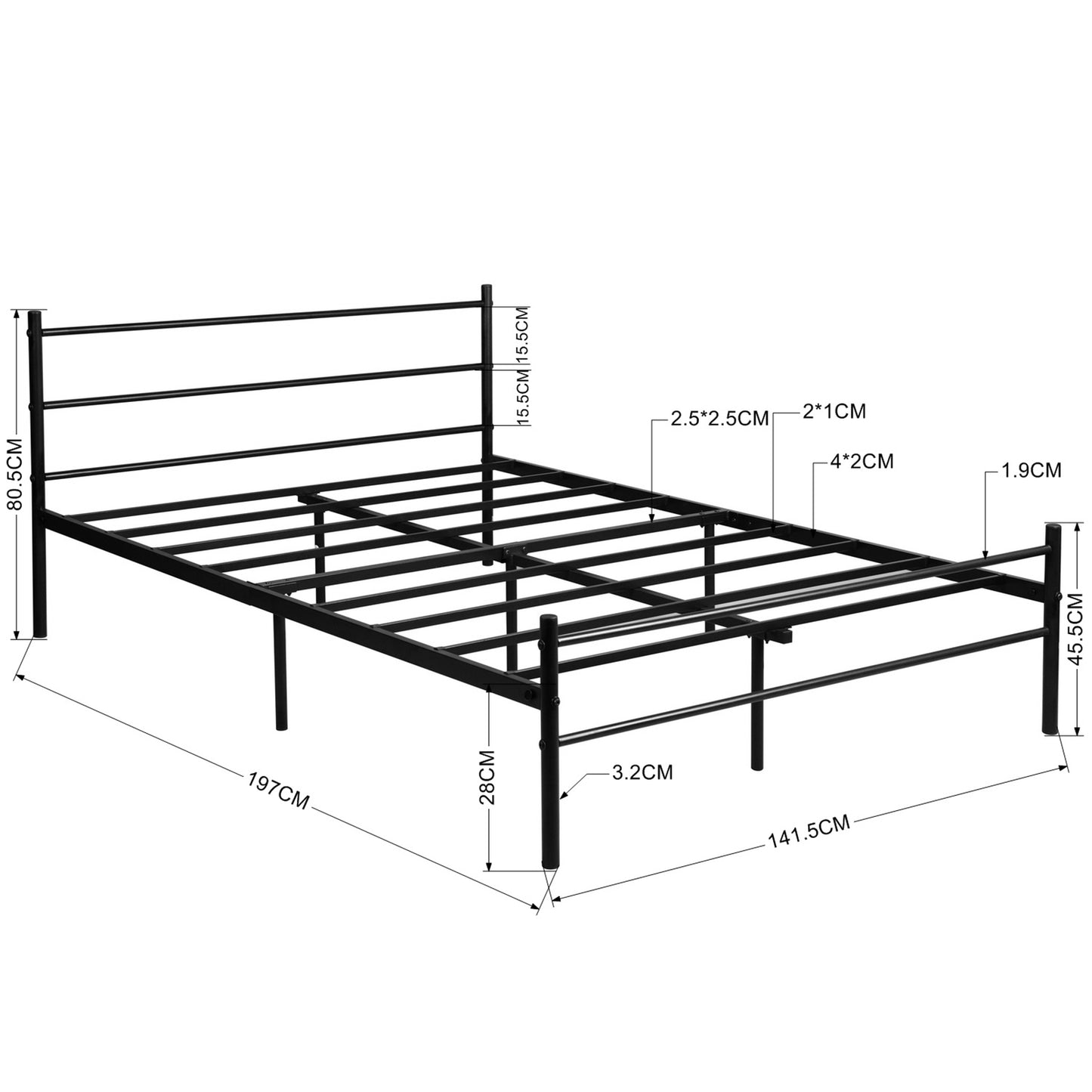 PRIMO Einzel-/Doppelbett aus Metall 94 * 196 cm/143 * 196 cm - Schwarz/Weiß