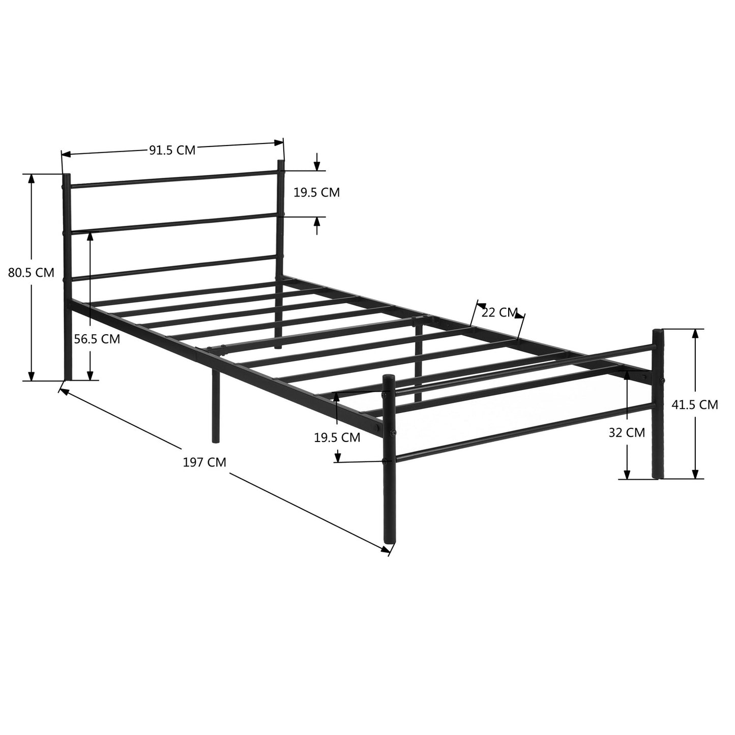 PRIMO Einzel-/Doppelbett aus Metall 94 * 196 cm/143 * 196 cm - Schwarz/Weiß