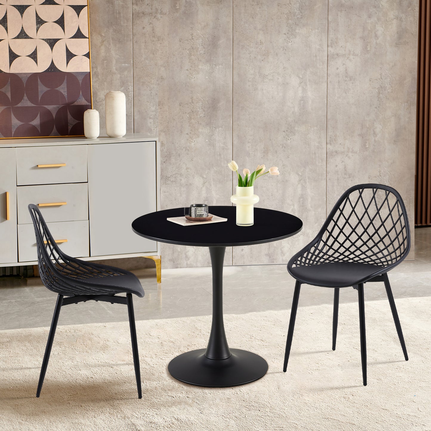 TULIP Runder Esstisch ohne Lücken, 75 cm - Schwarz/Weiß/Marmor