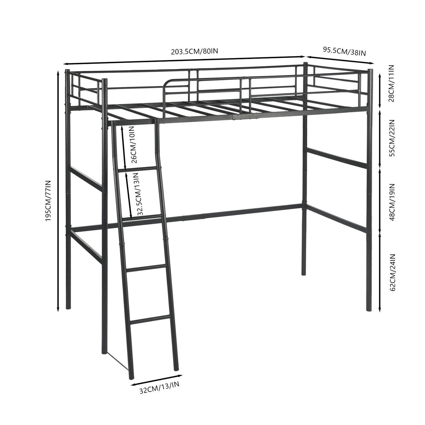 Loft Metallbettgestell mit Integrierter Leiter Schwarz - WALDO
