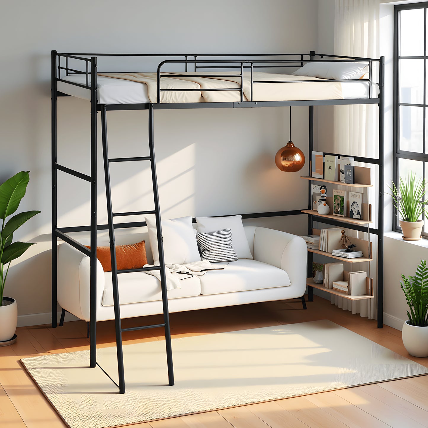 Loft Metallbettgestell mit Integrierter Leiter Schwarz - WALDO