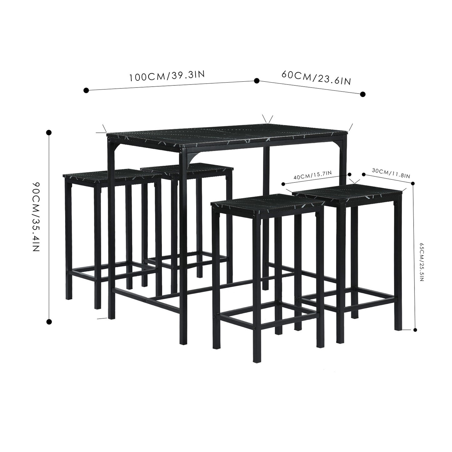 Bar Set Tisch und 4 Stühle – Schwarzer Marmor-FAIRMAN