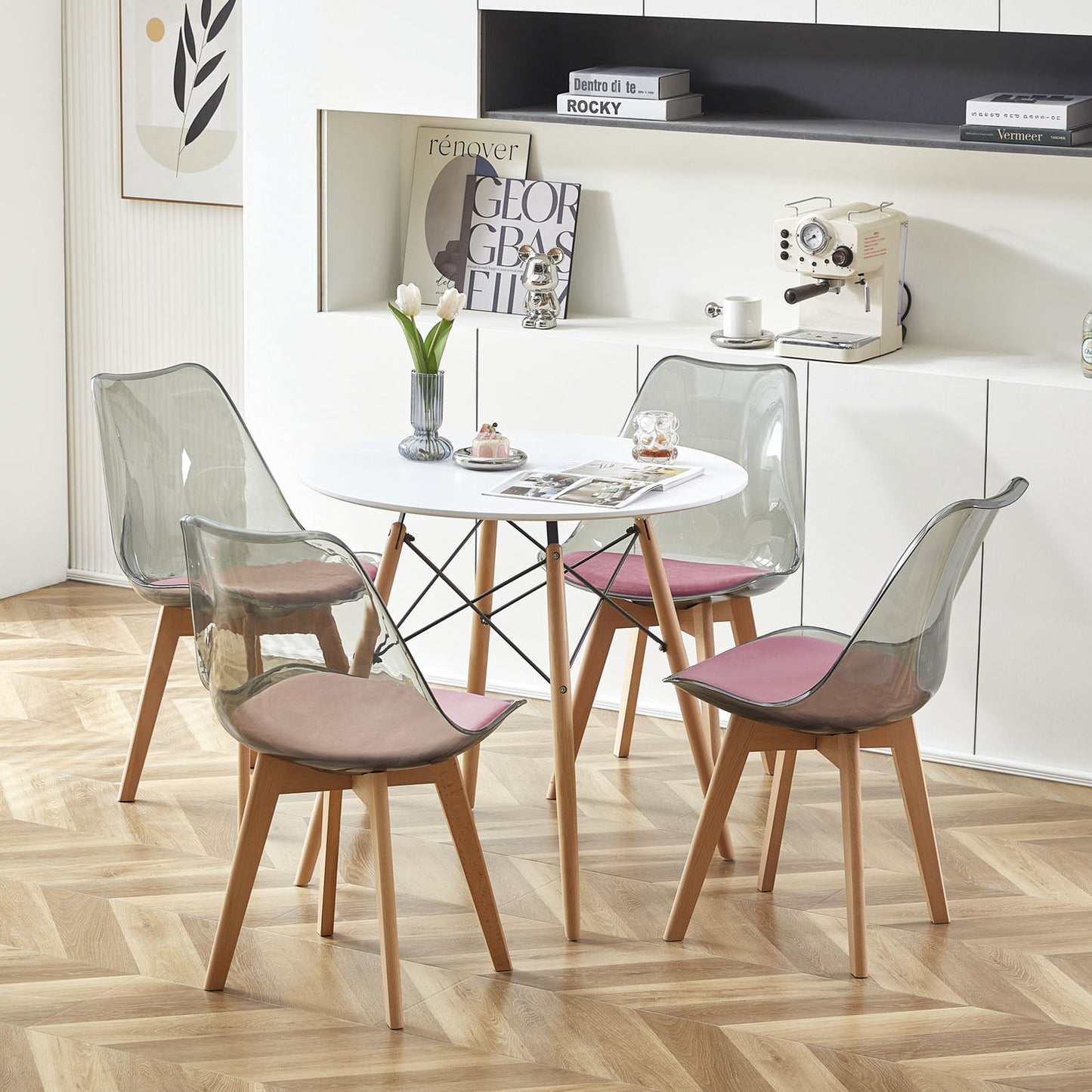 Skandinavisches Design mit rosa Samt gepolsterten Küchen-Esszimmerstühlen mit Beinen aus Buchenholz – gegerbt/braun-TULIP