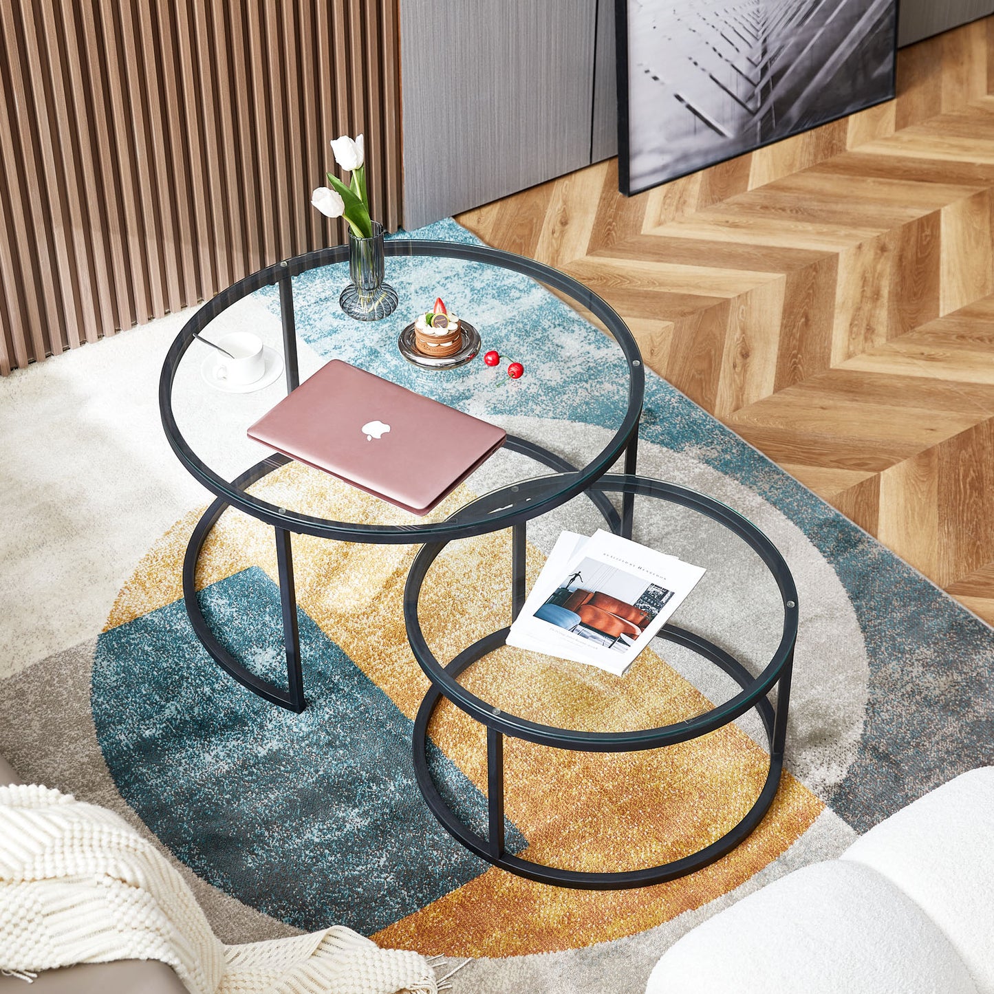 Rundes Couchtisch-Set, 2er-Set, solides Metallgestell und gehärtetes Glas (Gold und Schwarz)