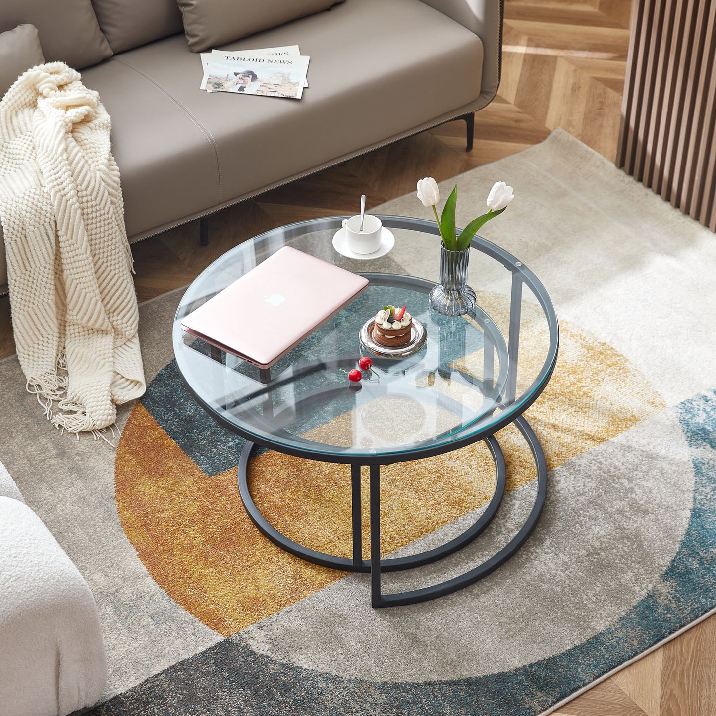 Rundes Couchtisch-Set, 2er-Set, solides Metallgestell und gehärtetes Glas (Gold und Schwarz)