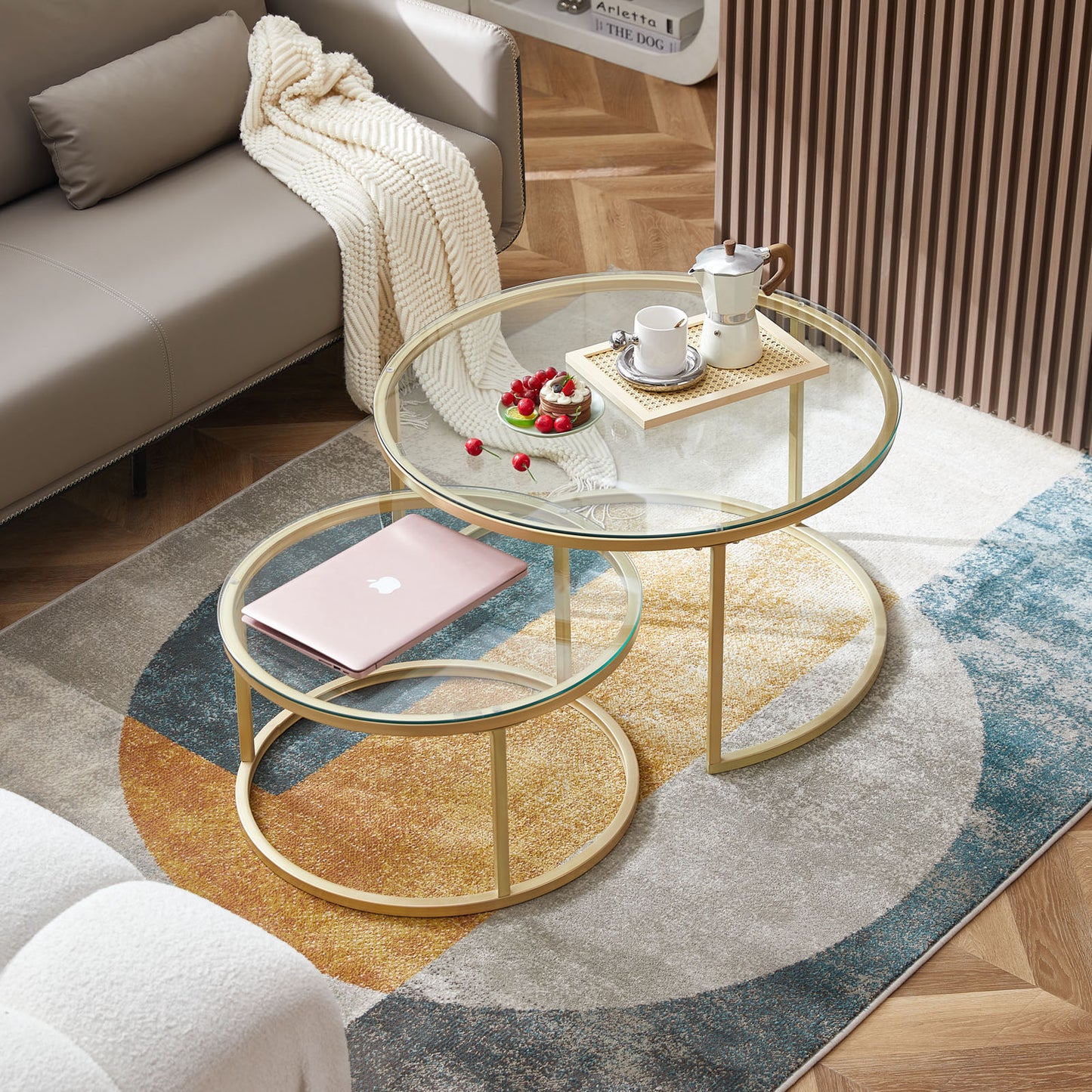Rundes Couchtisch-Set, 2er-Set, solides Metallgestell und gehärtetes Glas (Gold und Schwarz)