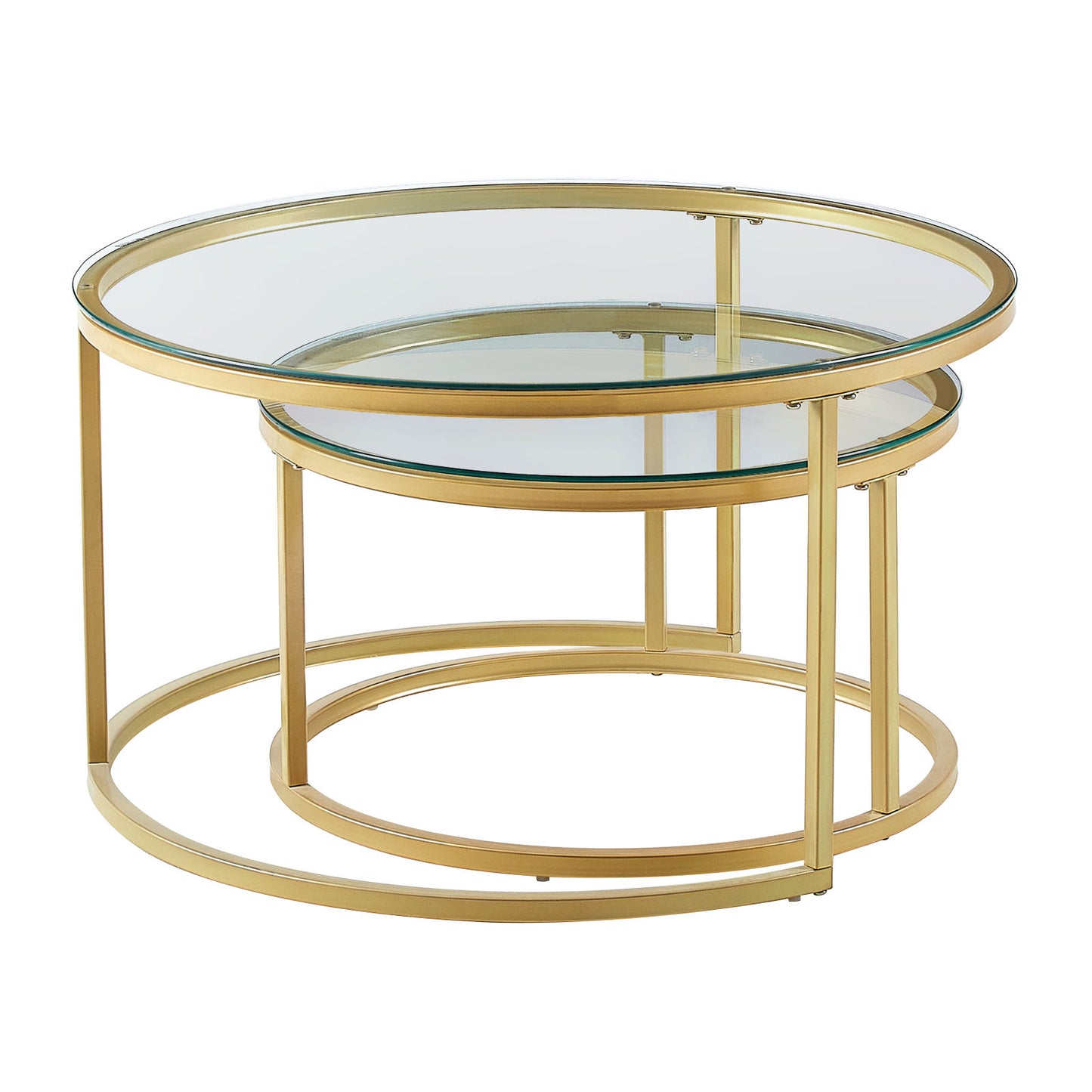 Rundes Couchtisch-Set, 2er-Set, solides Metallgestell und gehärtetes Glas (Gold und Schwarz)