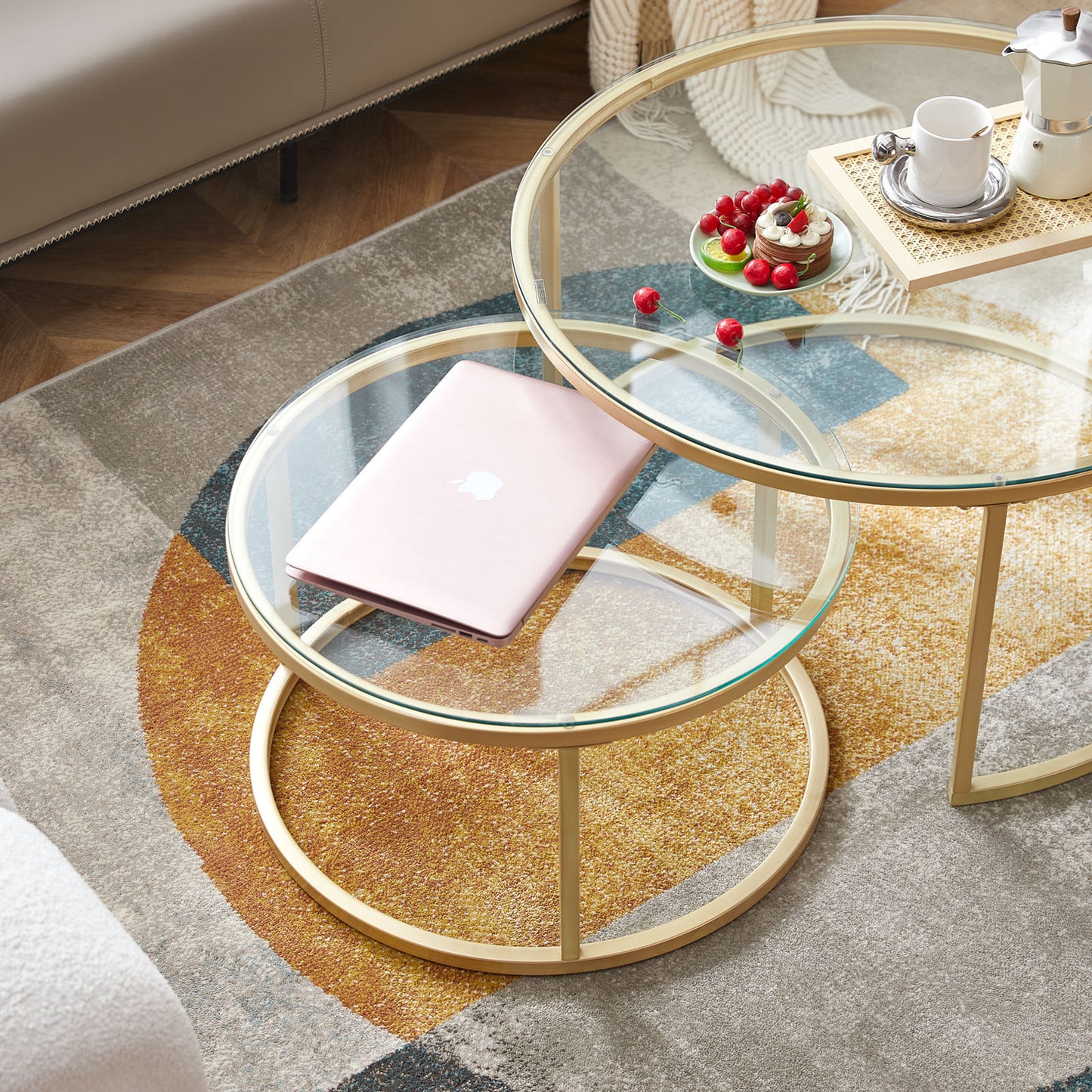 Rundes Couchtisch-Set, 2er-Set, solides Metallgestell und gehärtetes Glas (Gold und Schwarz)