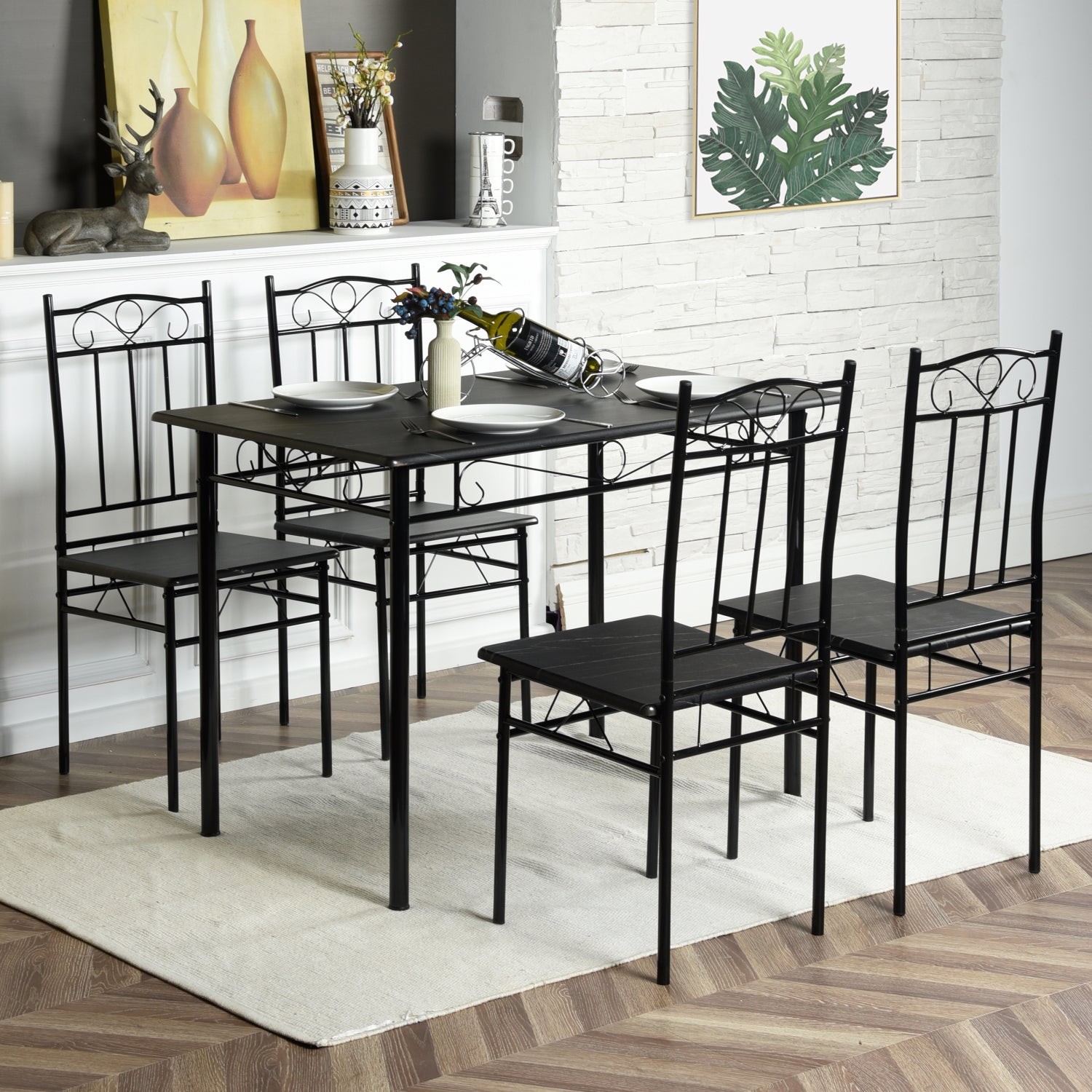 NORSEMAN Marmorierter Esstisch 5er-Set mit 4 Stühlen – 109 x 69 x 75 c –