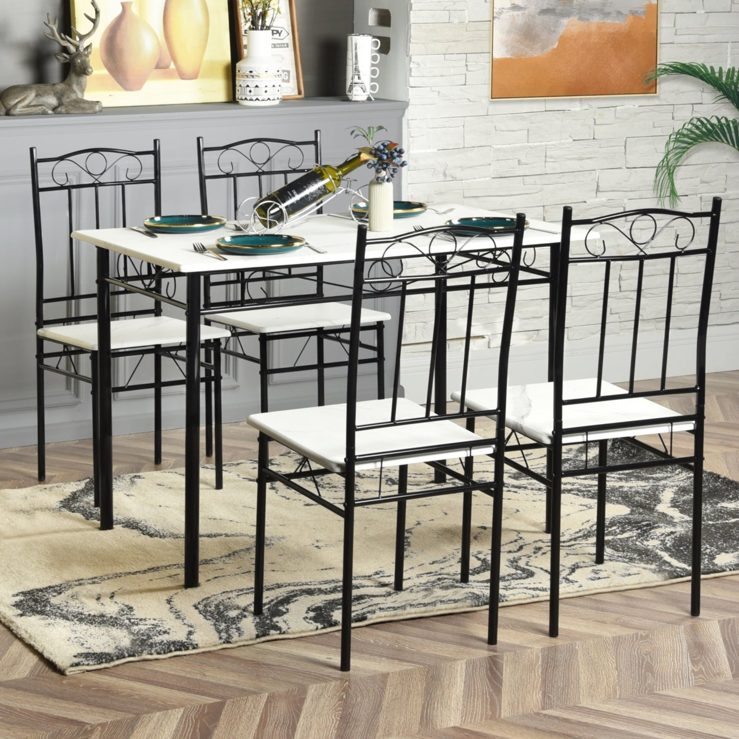NORSEMAN Marmorierung 5 TLG Sitzgruppe Esstisch mit 4 St¨¹hlen - 109 * 69 * 75cm - Wei?/Schwarz/Hellbraun