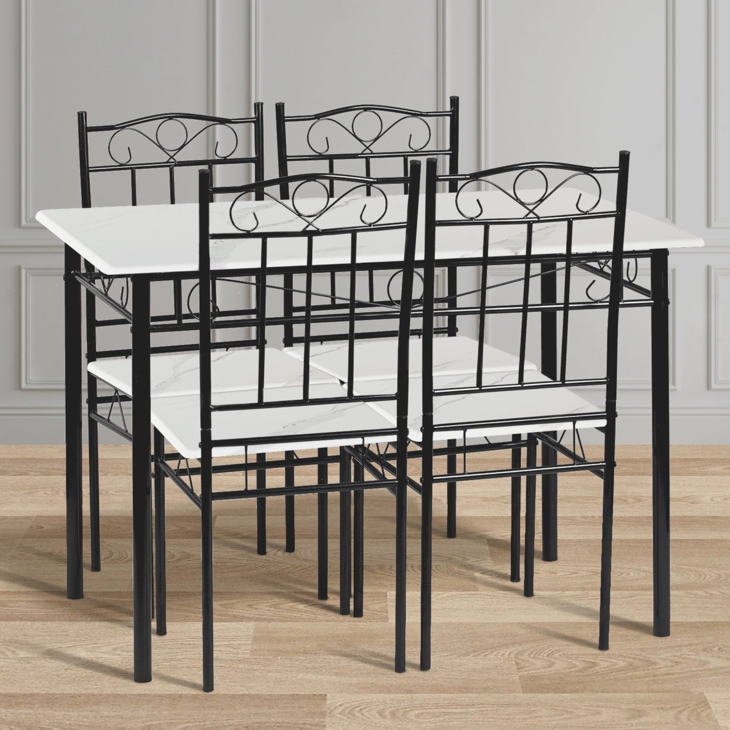 NORSEMAN Marmorierung 5 TLG Sitzgruppe Esstisch mit 4 St¨¹hlen - 109 * 69 * 75cm - Wei?/Schwarz/Hellbraun