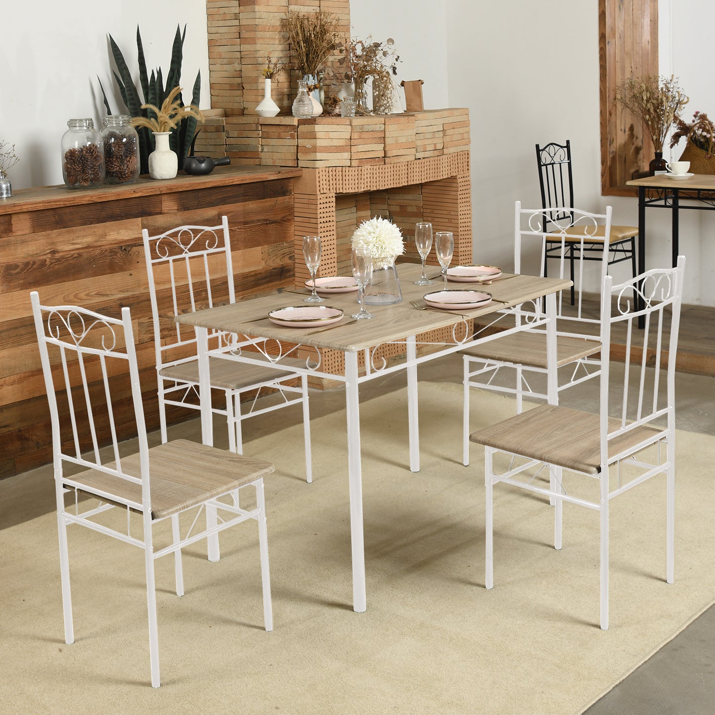 NORSEMAN Marmorierung 5 TLG Sitzgruppe Esstisch mit 4 St¨¹hlen - 109 * 69 * 75cm - Wei?/Schwarz/Hellbraun