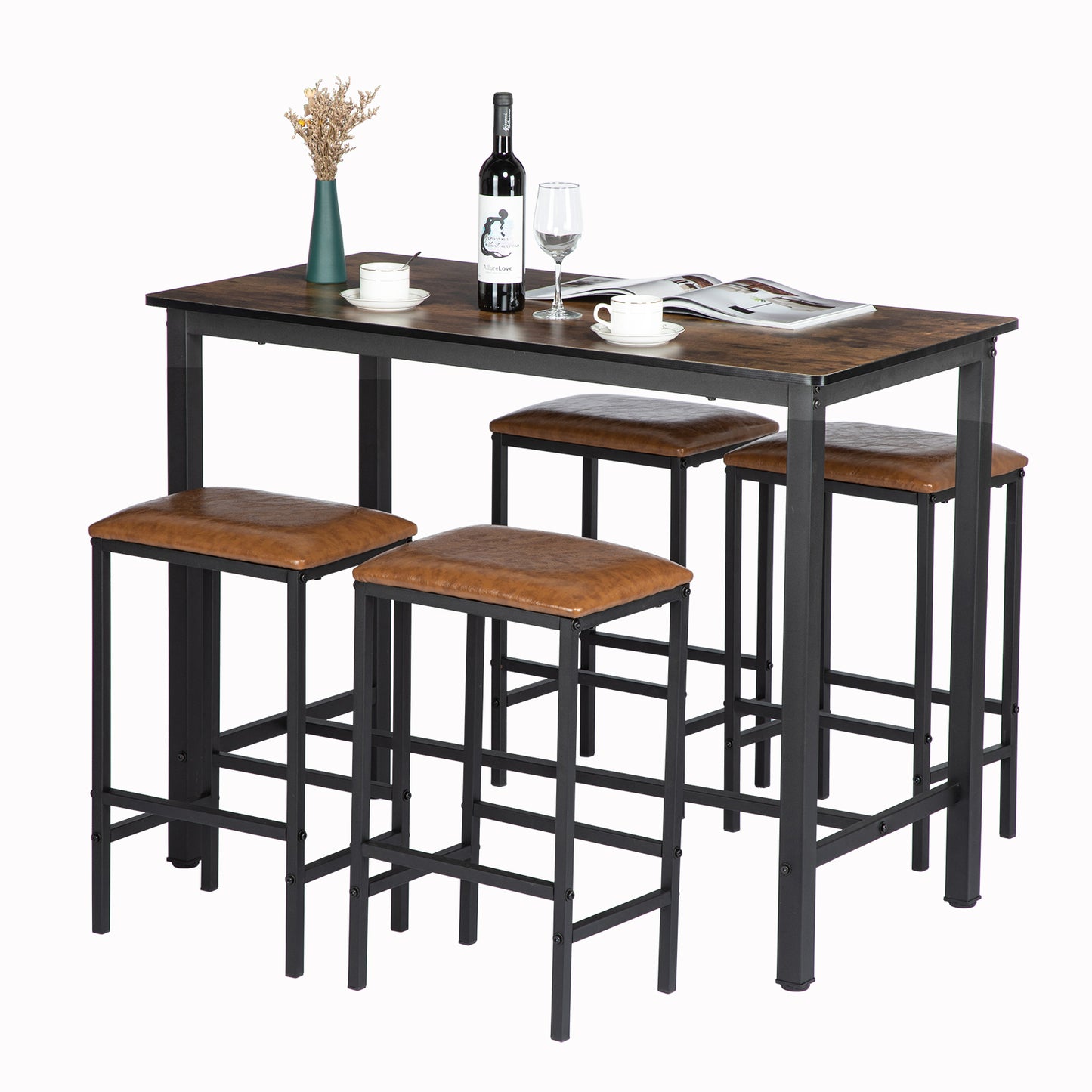 Set aus Esstisch und Stühlen – 1 moderner Tisch aus Naturleder + 4 Stühle
