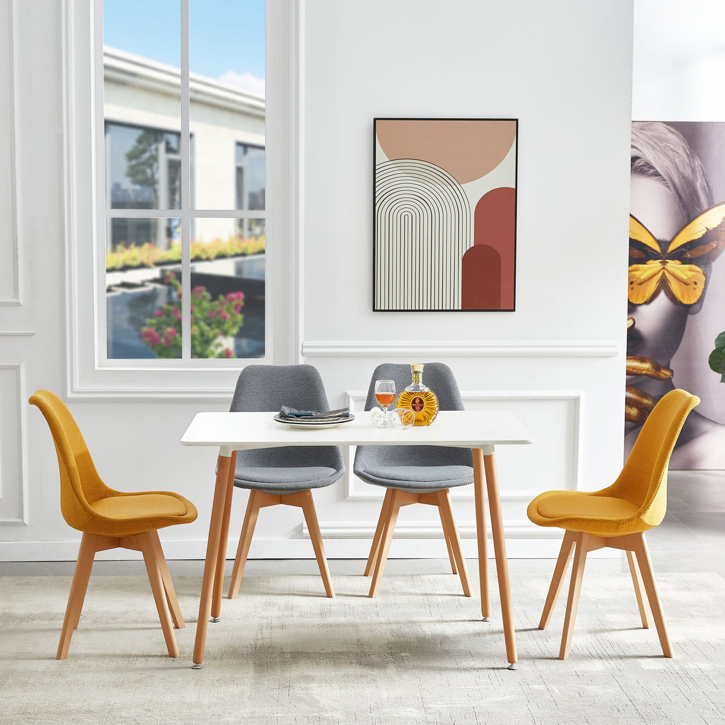 TULIP Stoff Esszimmerst¨¹hle mit Buche Bein - Grau/Gelb