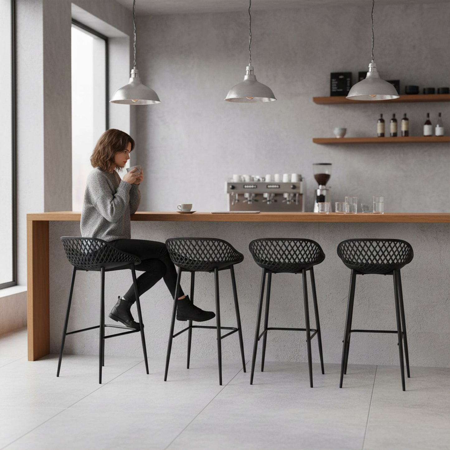 Moderne Barhocker aus Schmiedeeisen, 87 cm hoch, mit durchbrochenen Rückenlehnen, 4er-Set - Schwarz/Weiß