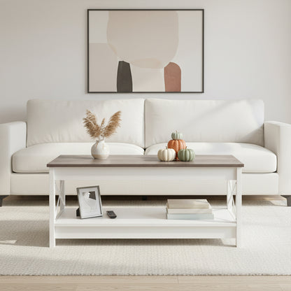 Zweistöckiger Couchtisch im Landhausstil mit Stauraum, Wohnzimmertisch – Weiß