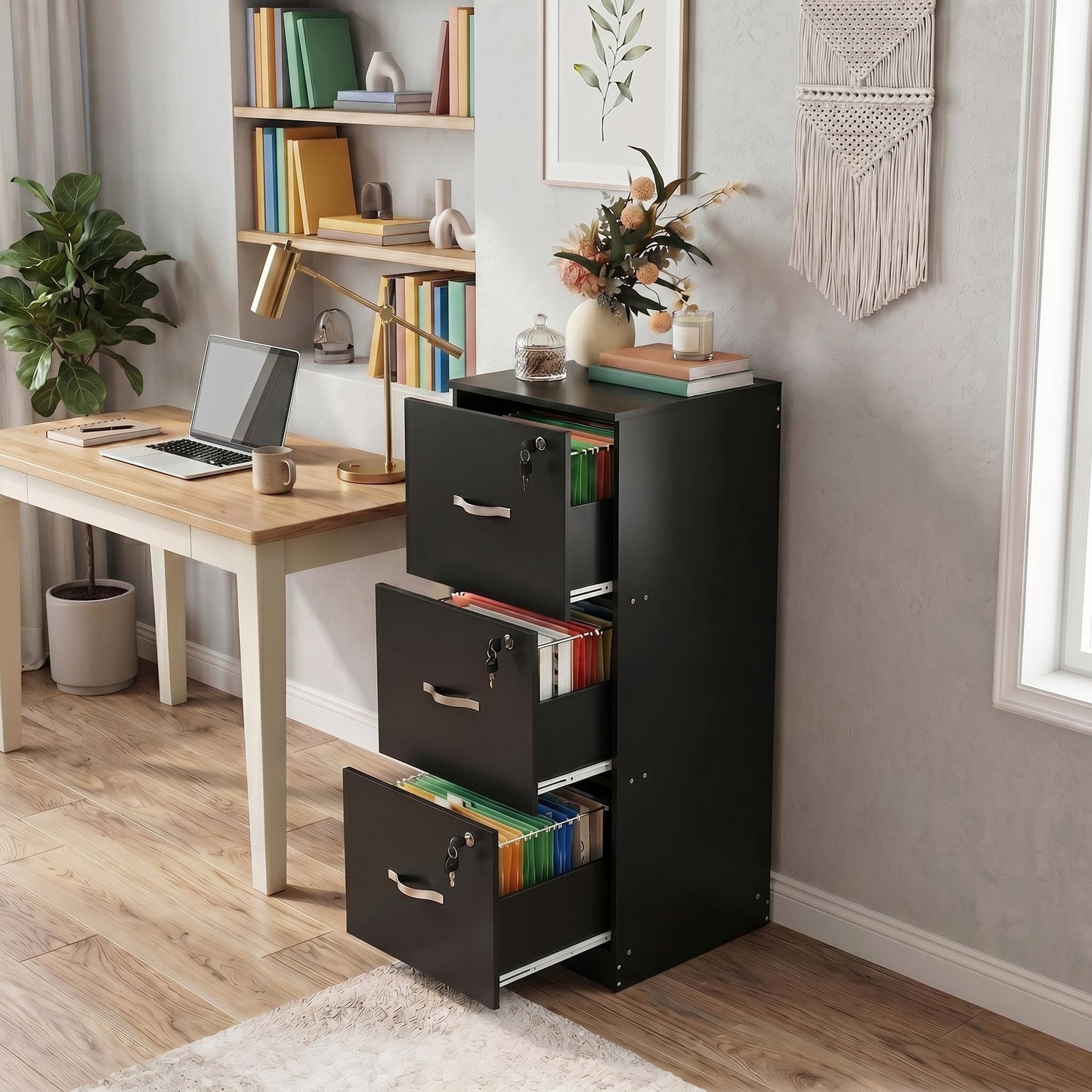 Aktenschrank mit 3 abschließbaren Schubladen – Weiß/Schwarz/Vintage-Braun