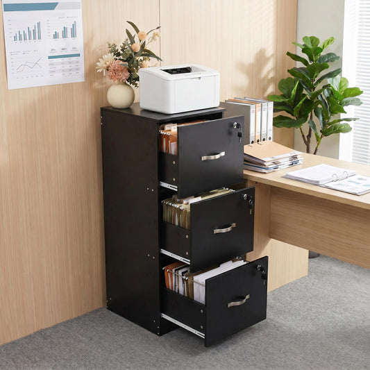 Aktenschrank mit 3 abschließbaren Schubladen – Weiß/Schwarz/Vintage-Braun