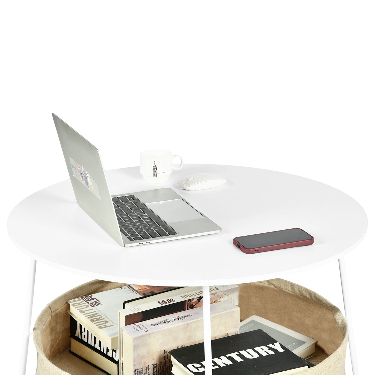 DOYLE Moderner runder Couchtisch mit Aufbewahrungskorb – Weiß