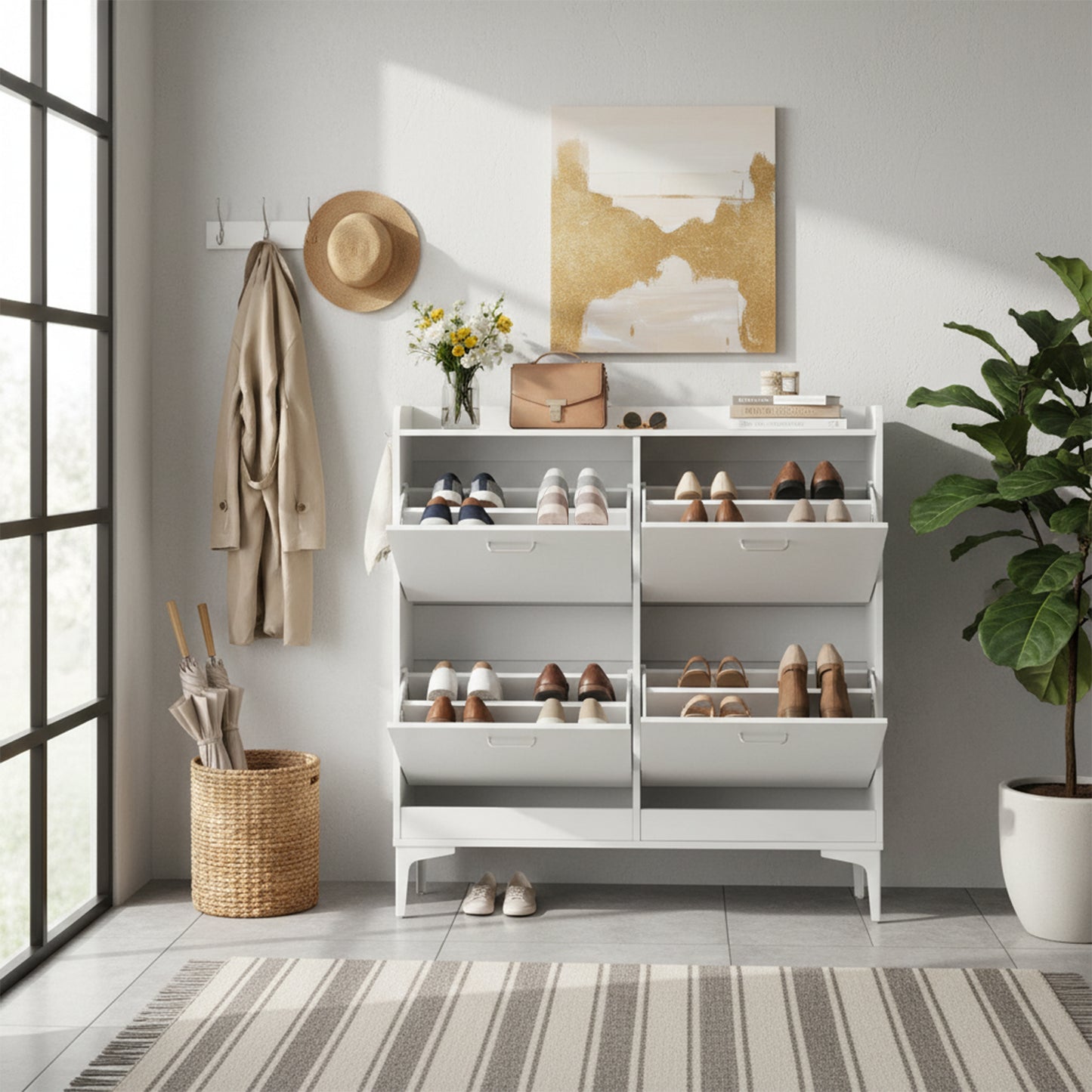 DURHAM Schuhschrank mit 4 Fächern, Schuhregal, 105 x 23 x 103 cm – MDF, Weiß