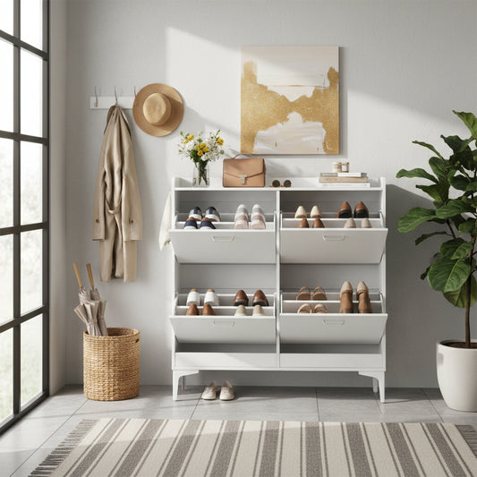 DURHAM Schuhschrank mit 4 Fächern, Schuhregal, 105 x 23 x 103 cm – MDF, Weiß