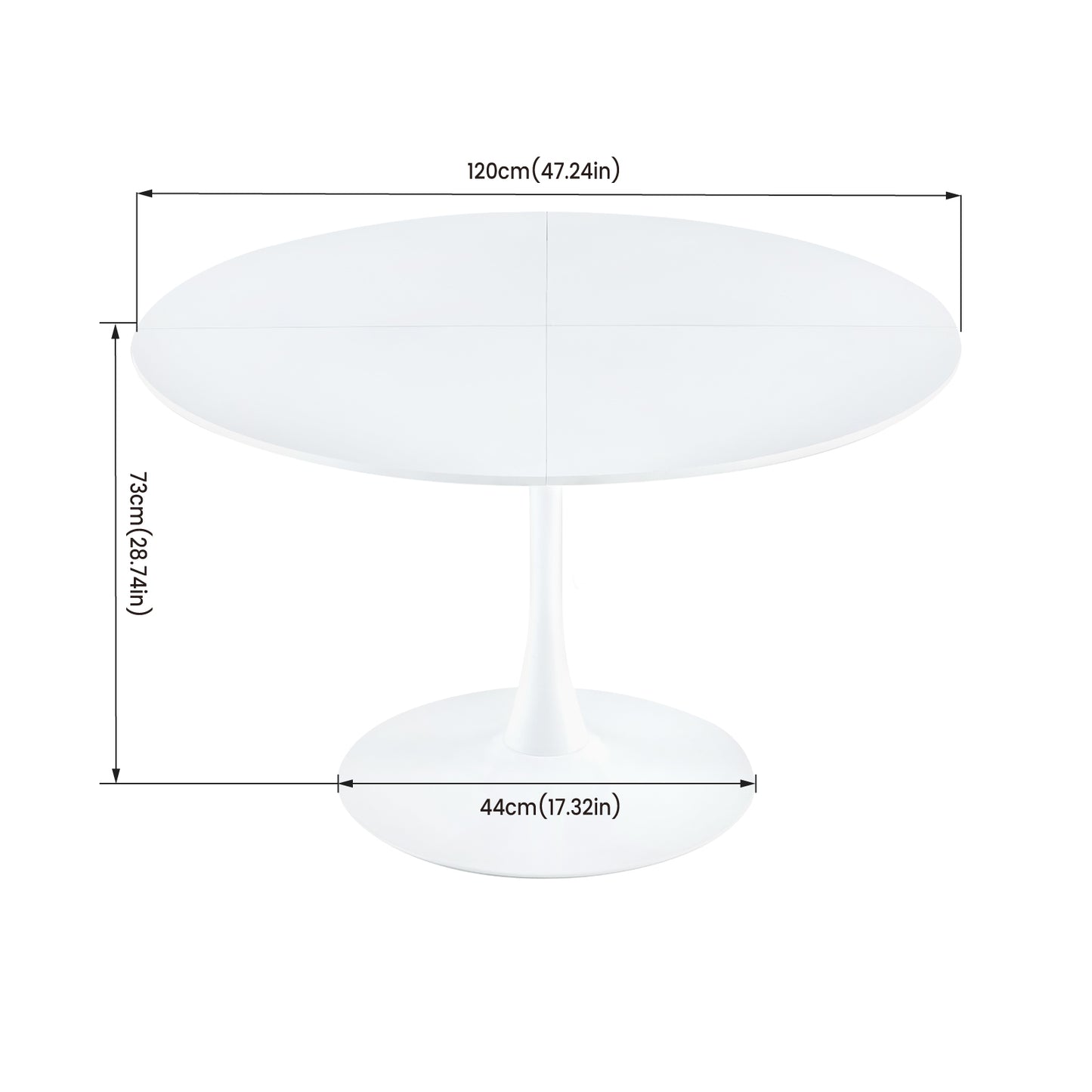 Runder Tisch, 120 cm Durchmesser, mit Eisenbeinen (4-teilig) – Weiß