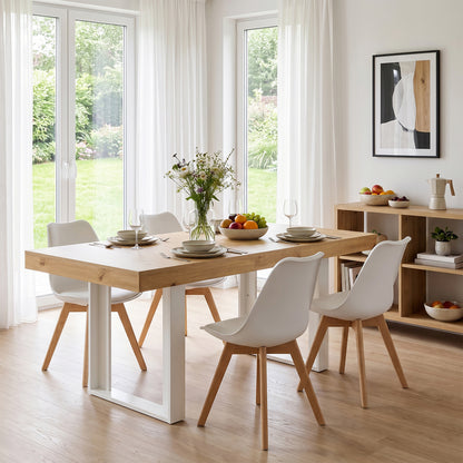 Ausziehbarer rechteckiger Esstisch, 160–200 cm lang – Holz und Weiß