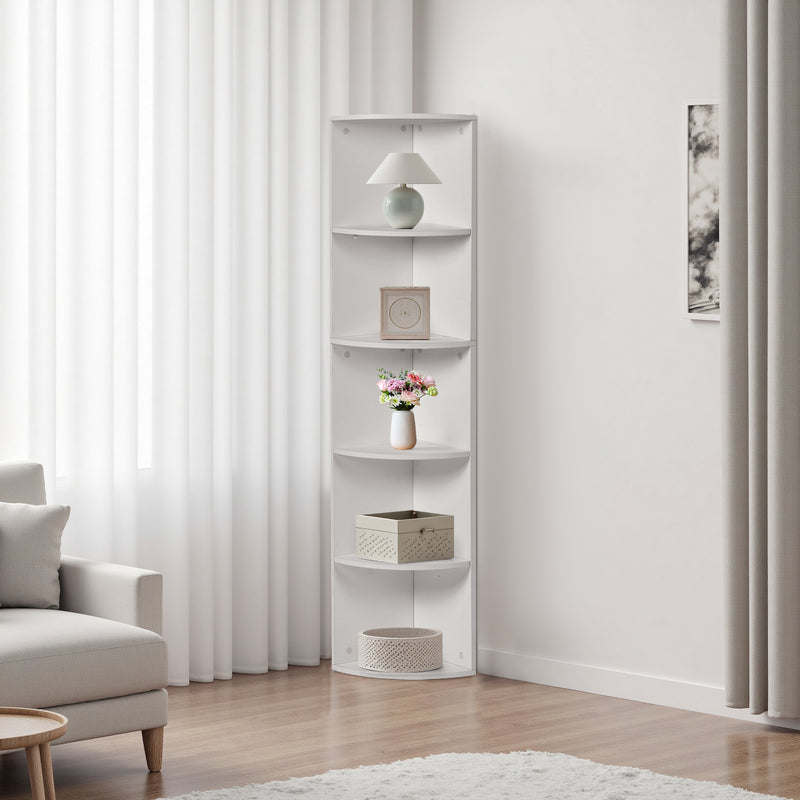 5-stöckiges weißes Eckregal, Fächerdesign, modernes kleines Bücherregal 130 cm – HOBART