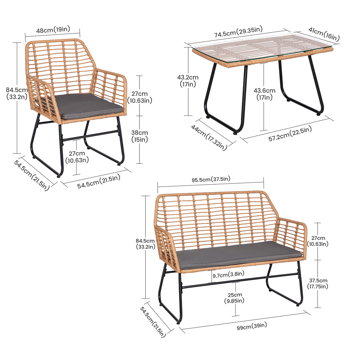 4-teiliges Gartenmöbelset aus geflochtenem Kunststoff – Graue Kissen – 1 Sofa, 2 Sessel, 1 Couchtisch