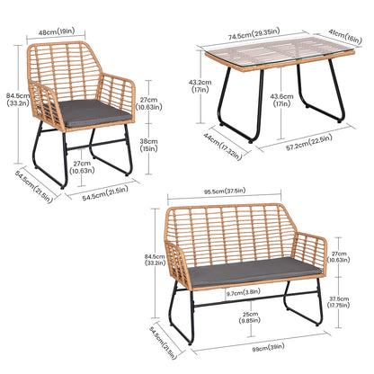 4-teiliges Gartenmöbelset aus geflochtenem Kunststoff – Graue Kissen – 1 Sofa, 2 Sessel, 1 Couchtisch