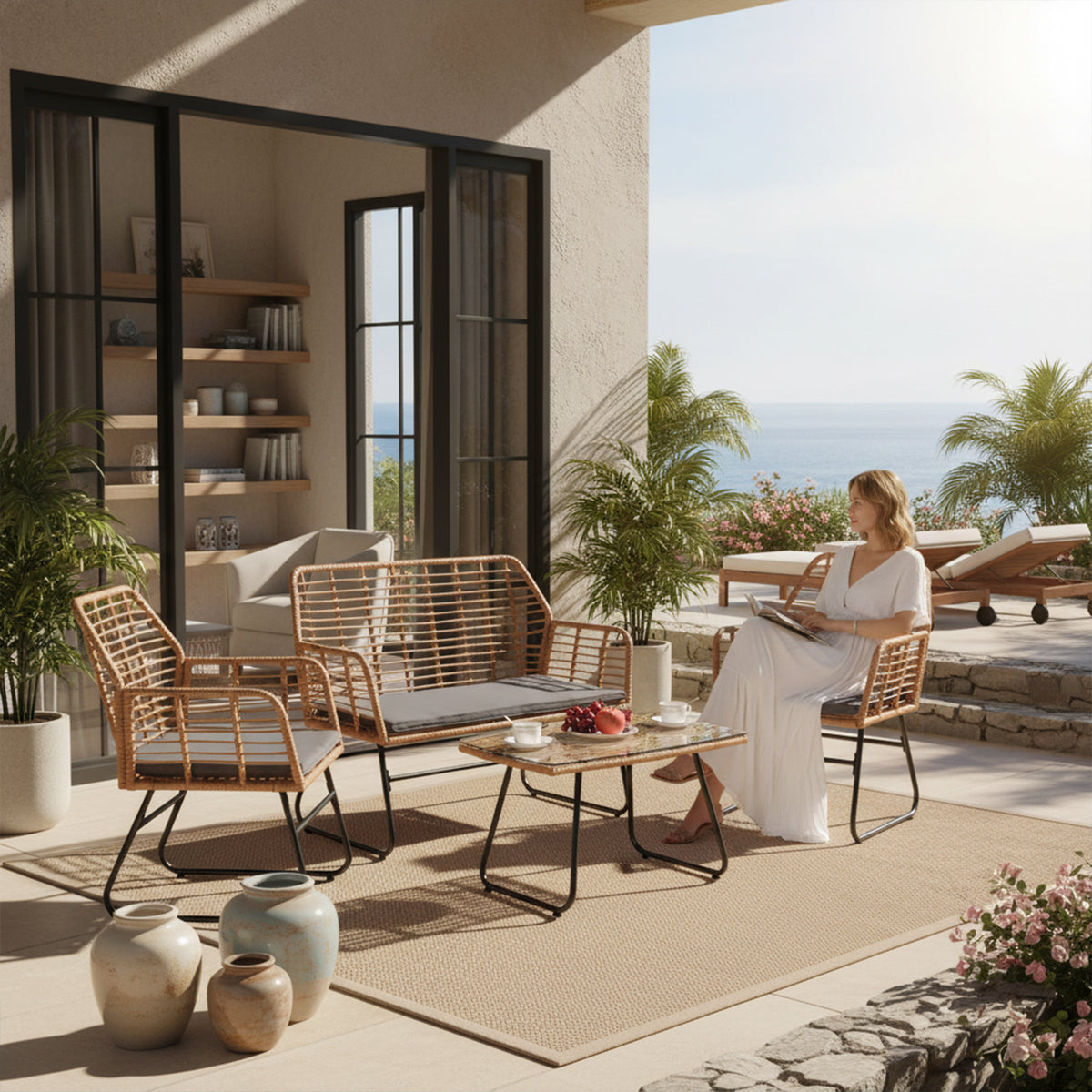 4-teiliges Gartenmöbelset aus geflochtenem Kunststoff – Graue Kissen – 1 Sofa, 2 Sessel, 1 Couchtisch