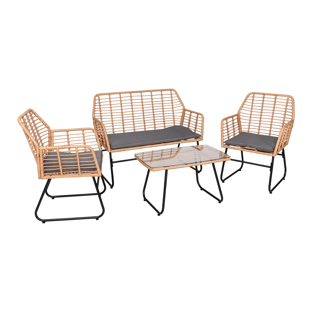 4-teiliges Gartenmöbelset aus geflochtenem Kunststoff – Graue Kissen – 1 Sofa, 2 Sessel, 1 Couchtisch