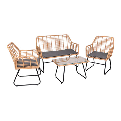 4-teiliges Gartenmöbelset aus geflochtenem Kunststoff – Graue Kissen – 1 Sofa, 2 Sessel, 1 Couchtisch