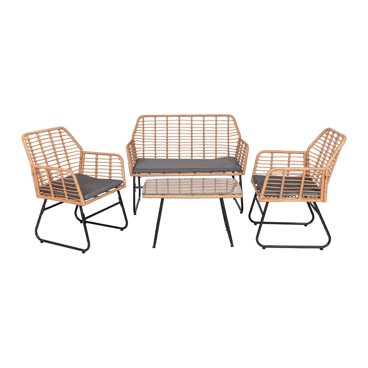 4-teiliges Gartenmöbelset aus geflochtenem Kunststoff – Graue Kissen – 1 Sofa, 2 Sessel, 1 Couchtisch