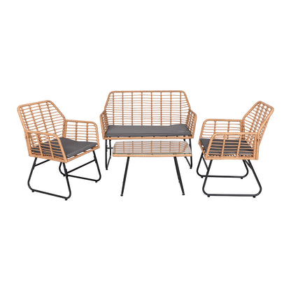 4-teiliges Gartenmöbelset aus geflochtenem Kunststoff – Graue Kissen – 1 Sofa, 2 Sessel, 1 Couchtisch