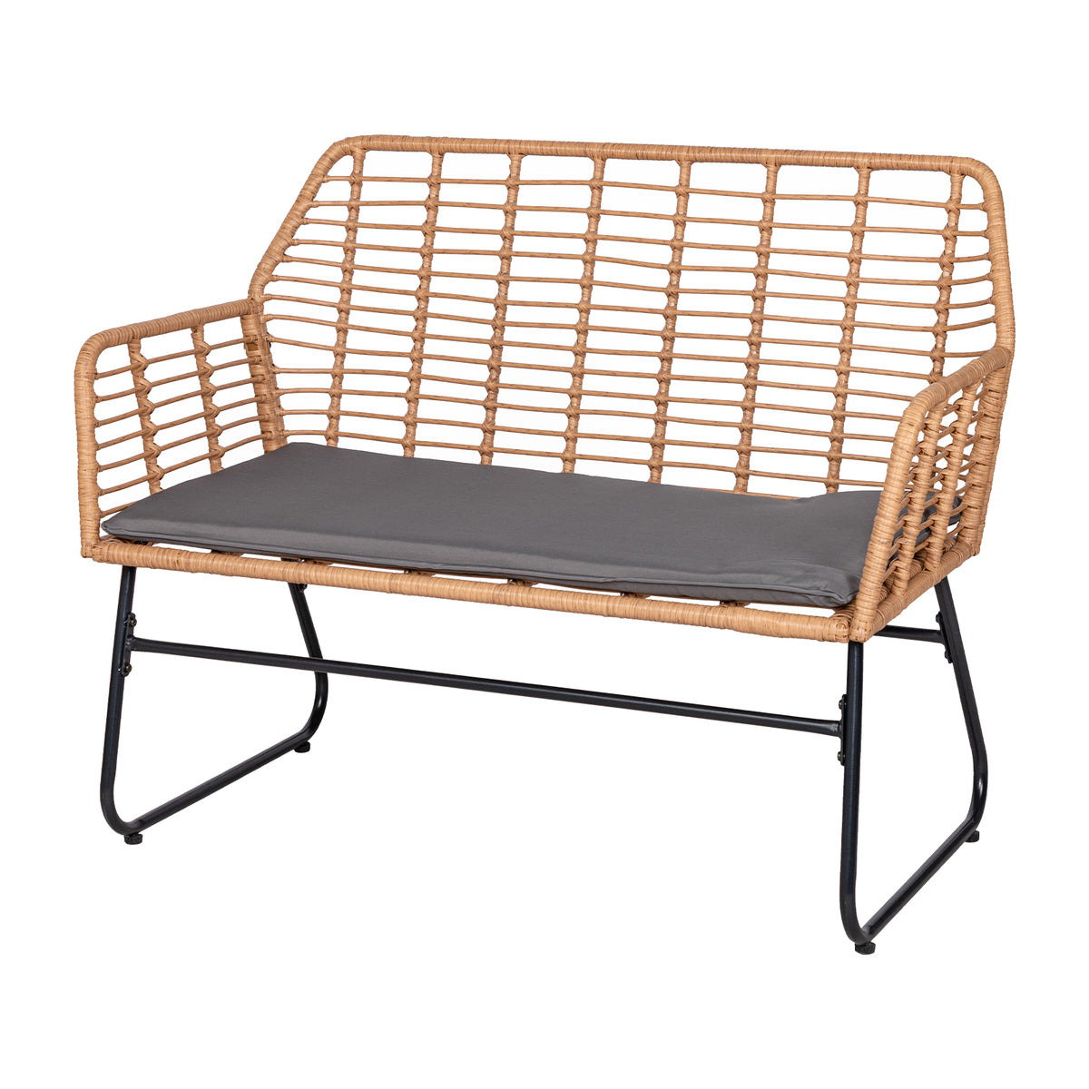 4-teiliges Gartenmöbelset aus geflochtenem Kunststoff – Graue Kissen – 1 Sofa, 2 Sessel, 1 Couchtisch